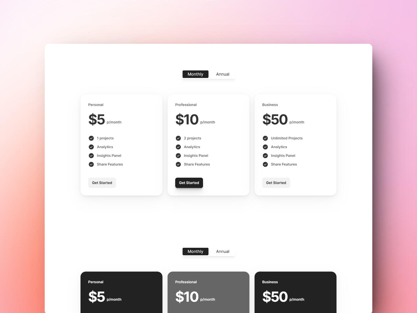 Pricing table With toggle mockup